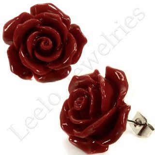 Coral Deep Red Rose Stud Earrings: Jewelry