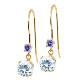1.06 Ct Round Sky Blue Aquamarine Blue Tanzanite 14K Yellow Gold Earrings: Jewelry