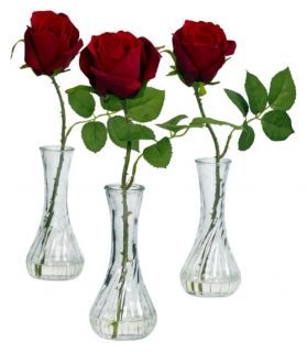 Red Rose with Bud Vase Set of 3   Silk Flowers
