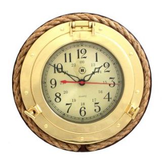 Bey Berk International Brass Porthole Clock with Rope on Solid Wood   Tarnish Proof   Wall Clocks