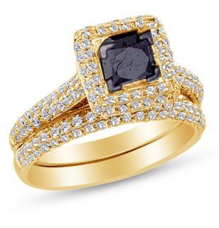 14K Yellow Gold Halo Prong Set Princess and Round Cut Black and White Diamond Bridal Engagement Ring and Matching Wedding Band Two 2 Ring Set   Classic Traditional Solitaire Shape Center Setting   (1.25 cttw.   .40 CT. Center Stone): Jewelry