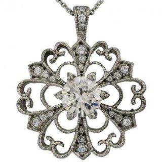 Antique Filigree Diamond Pendant With One Ct White Sapphire Center In 18K White Gold Vintage Diamond Sapphire Pendant: Da'Carli: Jewelry