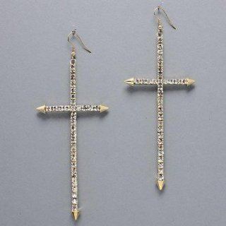 Designer Inspired Large Cross with Spikes Dangling Gold Rhinestone Earrings. Size : 1 7/8" W, 4 3/4" L: Jewelry