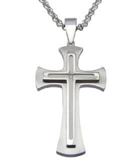 Men's Stainless Steel Tiered Cross Pendant Necklace (.02 cttw), 24" Stainless Steel Cross Necklace For Men Jewelry