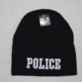 Police Black Skull Cap   Law Military Cuffless Beanie Knit Hat: Everything Else