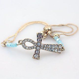 Accessory Accomplice Goldtone Crystal Sideways Curved Ankh Cross Petite Turquoise Bead Bracelet: Jewelry