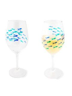 Set of 4 Pieces 9" Art Glass Blue & Green Etched Fish Wine Goblet Glasses 22oz: Wine Glass With Etched Fish: Kitchen & Dining
