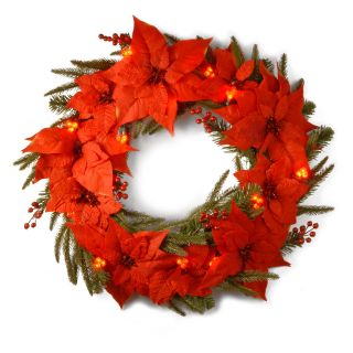 24 in. Poinsettia Pre Lit LED Christmas Wreath   Battery Operated   Christmas Wreaths