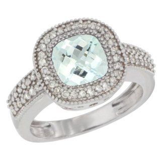 14K White Gold Natural Aquamarine Ring Cushion cut 7x7 Stone Diamond Accent, sizes 5 10: Jewelry