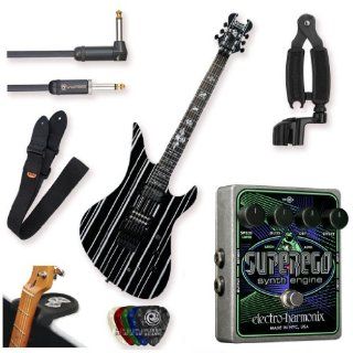Schecter Synyster Gates Custom Electric Guitar   Black/Silver Stripes with Electro Harmonix Superego, Protec Guitar Strap, D'Addario 20ft Instrumental Cable Right Angel, Guitar Rest, Guitar Pro Winder and 5 Guitar Picks: Musical Instruments