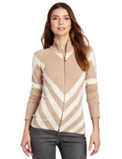 Minnie Rose Women's 100% Cashmere Chevron Striped Zip Sweater, Buckskin/Ivory, Medium at  Womens Clothing store