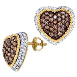 Brown Diamond Heart Shaped Stud Earrings 10K Yellow Gold (1.20 ct.tw.): Jewelry