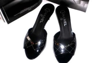 Authentic Chanel Classic Black Patent Leather Dress Shoes Open Toe Sandals Made in Italy  Size 36.5: Shoes