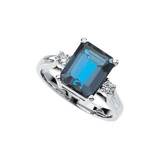 14K White Gold 0.09 ct. Diamond and 10 x 8 MM Emerald Shaped London Blue Topaz Ring: Katarina: Jewelry