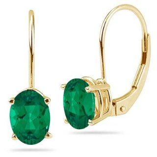 1.90 2.56 Cts of 8x6 mm AAA Oval Russian Lab Created Emerald Stud Earrings in 14K Yellow Gold: Jewelry
