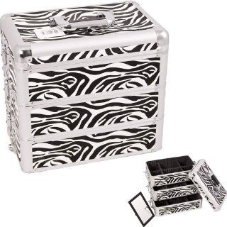 WHITE INTERCHANGEABLE STACKABLE TRAY ZEBRA TEXTURED PRINTING PROFESSIONAL ALUMINUM COSMETIC MAKEUP CASE WITH DIVIDERS   E3303 : Makeup Train Cases : Beauty