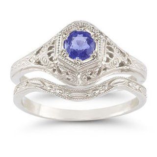 Antique Style Tanzanite Wedding Ring Set: Victorian Engagement Rings For Women: Jewelry