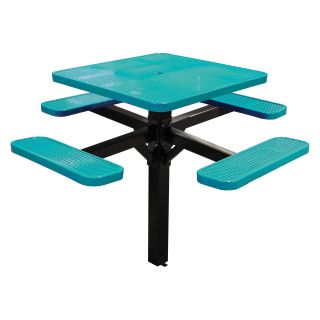 46 in. Single Post Perforated Square Commercial Grade Picnic Table with Attached Benches   Picnic Tables