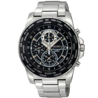 Seiko Mens Chronograph Alarm Stainless Steel Black Dial Watch SNAC61P3: Watches