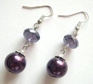 Eggplant Purple Faux Pearl & Crystal Fishook Earring   Purple Bridesmaid Jewelry: Jewelry