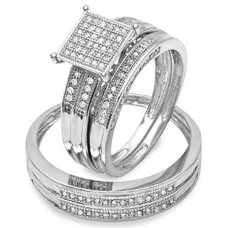 0.25 Carat (ctw) Sterling Silver Round White Diamond Men & Womens Micro Pave Engagement Ring 3 pc Trio Bridal Set Wedding Ring Sets Jewelry