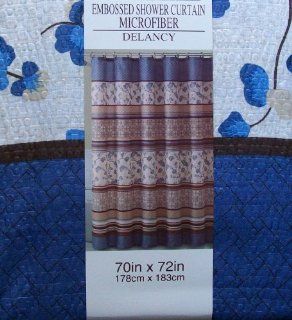 Delancy Floral Striped Embossed Fabric Shower Curtain In Shades Of Beige, Chocolate Brown, Blue, Ivory & Khaki  