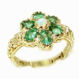 Solid 14K Yellow Gold Fiery Opal & Emerald Women Art Nouveau Flower Ring   Finger Sizes 5 to 12 Available   Perfect Gift for Birthday, Christmas, Valentines Day, Mothers Day, Mom, Mother, Grandmother, Daughter, Graduation, Bridesmaid. Jewelry