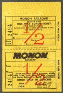 Monon Railroad Half Fare ticket unused undated: Entertainment Collectibles