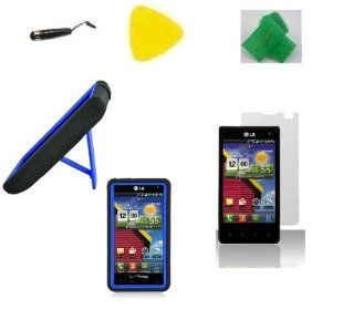 Black / Blue hybrid Armor w Kickstand Phone Case Cover Cell Phone Accessory + Yellow Pry Tool + Screen Protector + Stylus Pen + EXTREME Band for Lg Optimus Exceed Lg VS840pp VS840PP: Cell Phones & Accessories