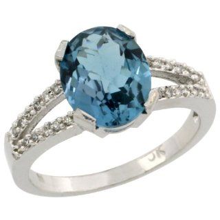 10k White Gold and Diamond Halo London Blue Topaz Ring 2.4 carat Oval shape 10X8 mm, 3/8 inch (10mm) wide, sizes 5 10: Jewelry