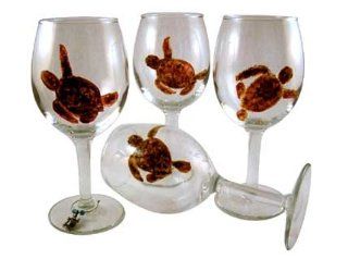 ArtisanStreet's Set of 4 Wine Glasses with Sea Turtle Design. Hand Painted. One of a Kind. Kitchen & Dining