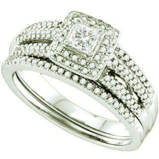 0.52 Carat (ctw) 14k White Gold Round & Princess Cut White Diamond Ladies Halo Style Bridal Engagement Ring Set: Jewelry