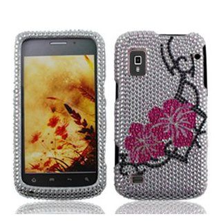 ZTE Warp N860 N 860 Cell Phone Full Crystals Diamonds Bling Protective Case Cover Silver with Hot Pink Hibiscus Floral Flowers Black Vines Design Cell Phones & Accessories