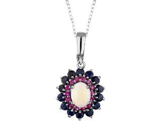 Sapphire, Ruby and Opal Pendant Necklace 7.0 Carats (ctw) in Sterling Silver with Chain: Jewelry