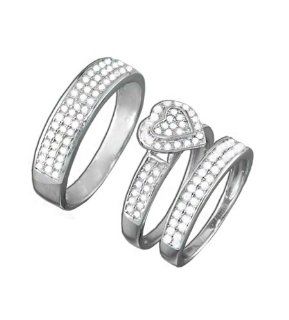 .925 Sterling Silver CZ Diamond Heart Shaped Pave Wedding Ring Trio Set: Jewelry