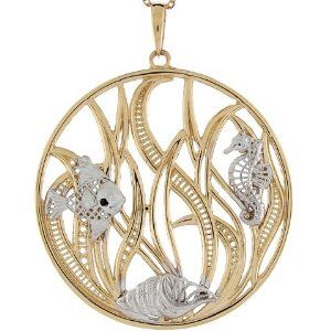 14k Two Tone Gold Seahorse Seashell Fish Sea Life Collection Pendant: Jewelry