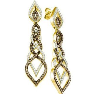 1.50 Carat (ctw) 10k Yellow Gold Round Brown & White Diamond Ladies Dangling Drop Earrings: Jewelry