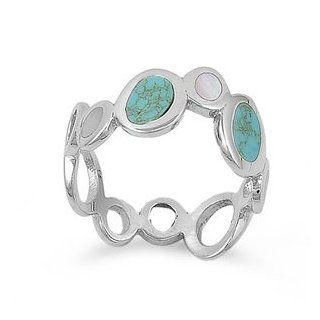 Rhodium Plated Sterling Silver Wedding & Engagement Ring Turquoise, Mother of Pearl Ladies Ring 10MM ( Size 5 to 9): Jewelry