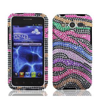 Huawei Mercury M886 M 886 / Glory Cell Phone Full Crystals Diamonds Bling Protective Case Cover Black with Rainbow Color Zebra Animal Skin Design Cell Phones & Accessories
