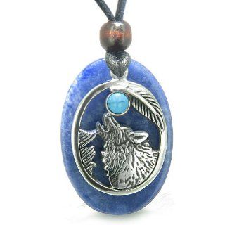 Amulet Courage Howling Wolf and Moon Charm in Sodalite and Man Made Turquoise Eye Gemstones Pendant Adjustable Necklace Jewelry