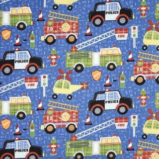 Northcott Rescue 911 Large Fire Trucks, Police Cars, & Helicopters Blue Fabric Yardage