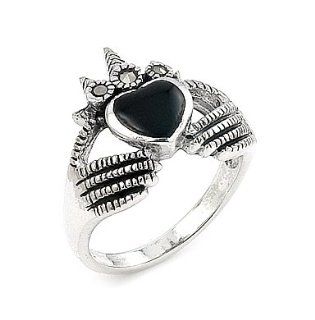 Sterling Silver Marcasite And Onyx Claddagh Ring: Jewelry