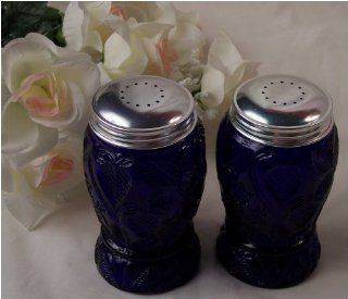 Cobalt Blue Strawberry Pattern Salt & Pepper Shakers 01 16134   Kitchens Salt Pepper Sets Depression Era Glass
