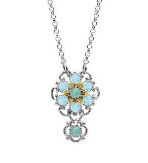 Victorian Style Flower Pendant by Lucia Costin with Twisted Lines and Dots, Crafted with Light Blue and Mint Blue Swarovski Crystals; .925 Sterling Silver with 24K Yellow Gold over .925 Sterling Silver: Jewelry Products: Jewelry