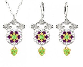 Fabulous Floral Jewelry Set: Pendant and Earrings by Lucia Costin with 6 Petal Flowers, Dots, Light Green and Violet Swarovski Crystals; .925 Sterling Silver with 24K Yellow Gold over .925 Sterling Silver; Handmade in USA: Jewelry