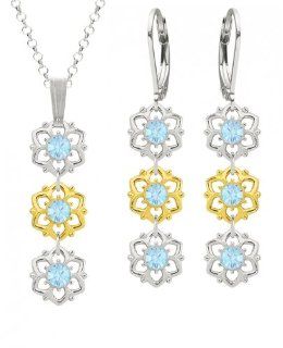 Jewelry Set: Pendant and Earrings by Lucia Costin with 6 Petal Flowers Surrounded by Dots and Light Blue Swarovski Crystals; .925 Sterling Silver with 24K Yellow Gold over .925 Sterling Silver; Handmade in USA: Jewelry