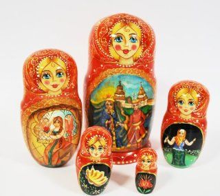 Russian Hand Painted Handmade Fairy Tales Skazki Nesting Dolls Set of 5 Pcs Artist Signed 5.5" Tall: Toys & Games