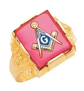 Mens 10k Yellow Gold Freemason Masonic Ring a Red Stone: Jewelry