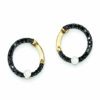 Genuine 14K Yellow Gold Black Diamond And Fresh Water Pearl Hoop Earrings 1.6 Grams of Gold Jewelry