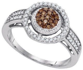 0.35 Carat (ctw) 10K White Gold Round Cut White & Cognac Diamond Ladies Micro Pave Right Hand Ring 1/3 CT: Jewelry